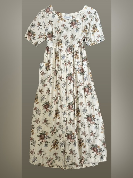 S. Roberts Dresses & Skirts - Vintage Linen Blend Cream Floral Midi Dress with Buttons